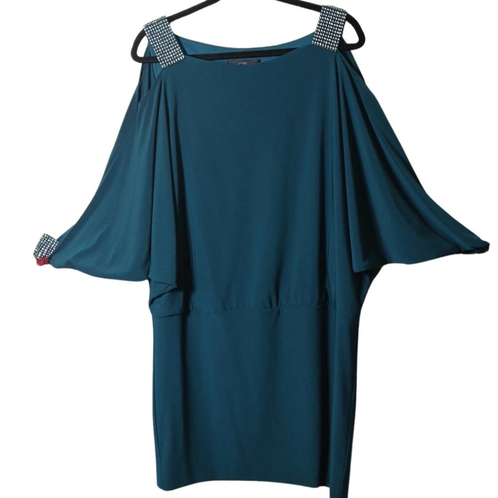 Betsey & Adam Green Dress Women's 14 Choir Angel Sleeves Rhinestones Blouson